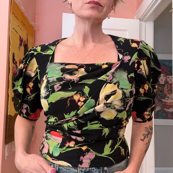 Emanuel Ungaro Tops - Emanuel Ungaro vintage 1980s black floral silk blouse, sz 4, sexy but demure